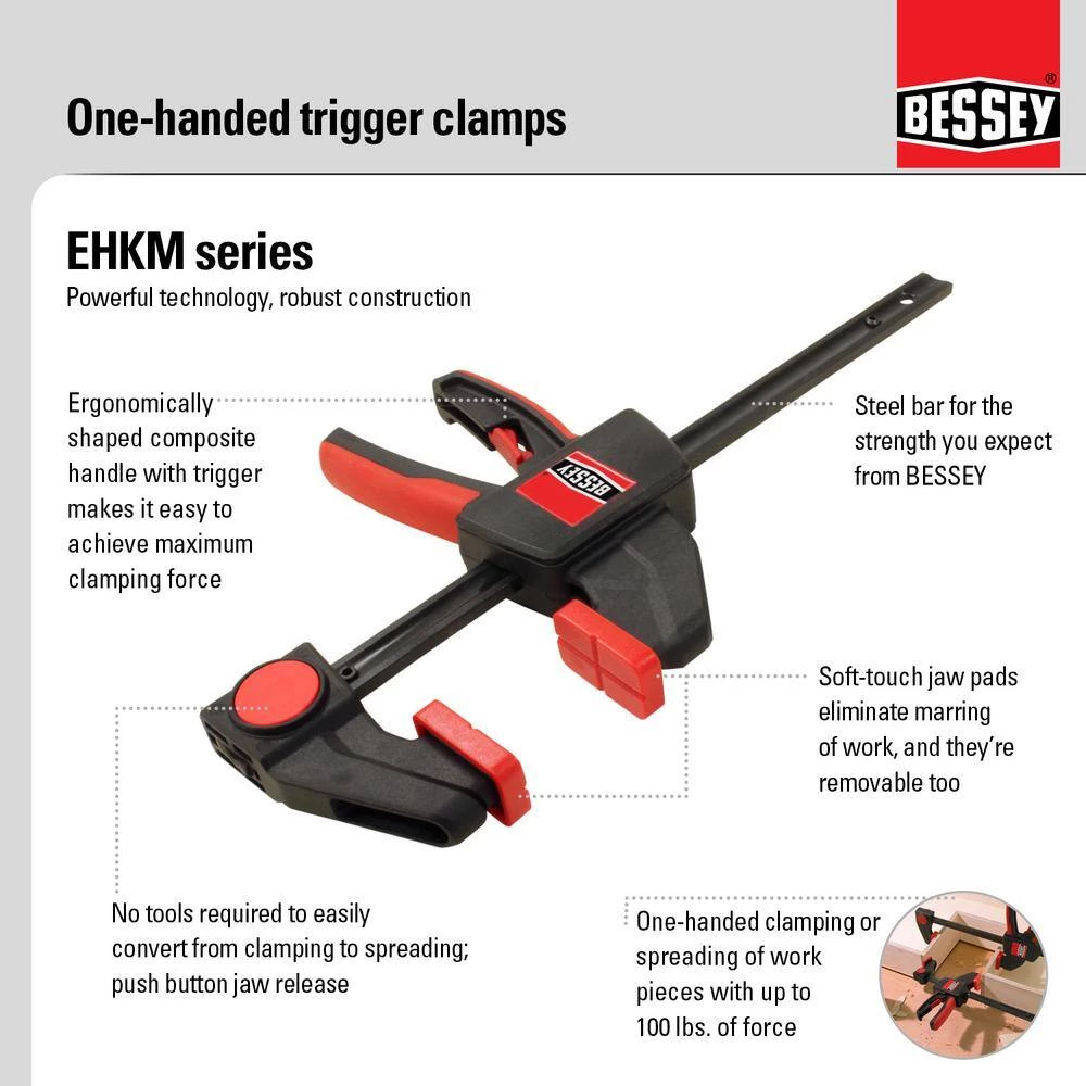 EHK Series 12 in. 100 lbs. Capacity Medium Trigger Clamp with 2-3/8 in. Throat Depth by BESSEY 2 EHK Series 12 in. 100 lbs. Capacity Medium Trigger Clamp with 2-3/8 in. Throat Depth by BESSEY - Image 2