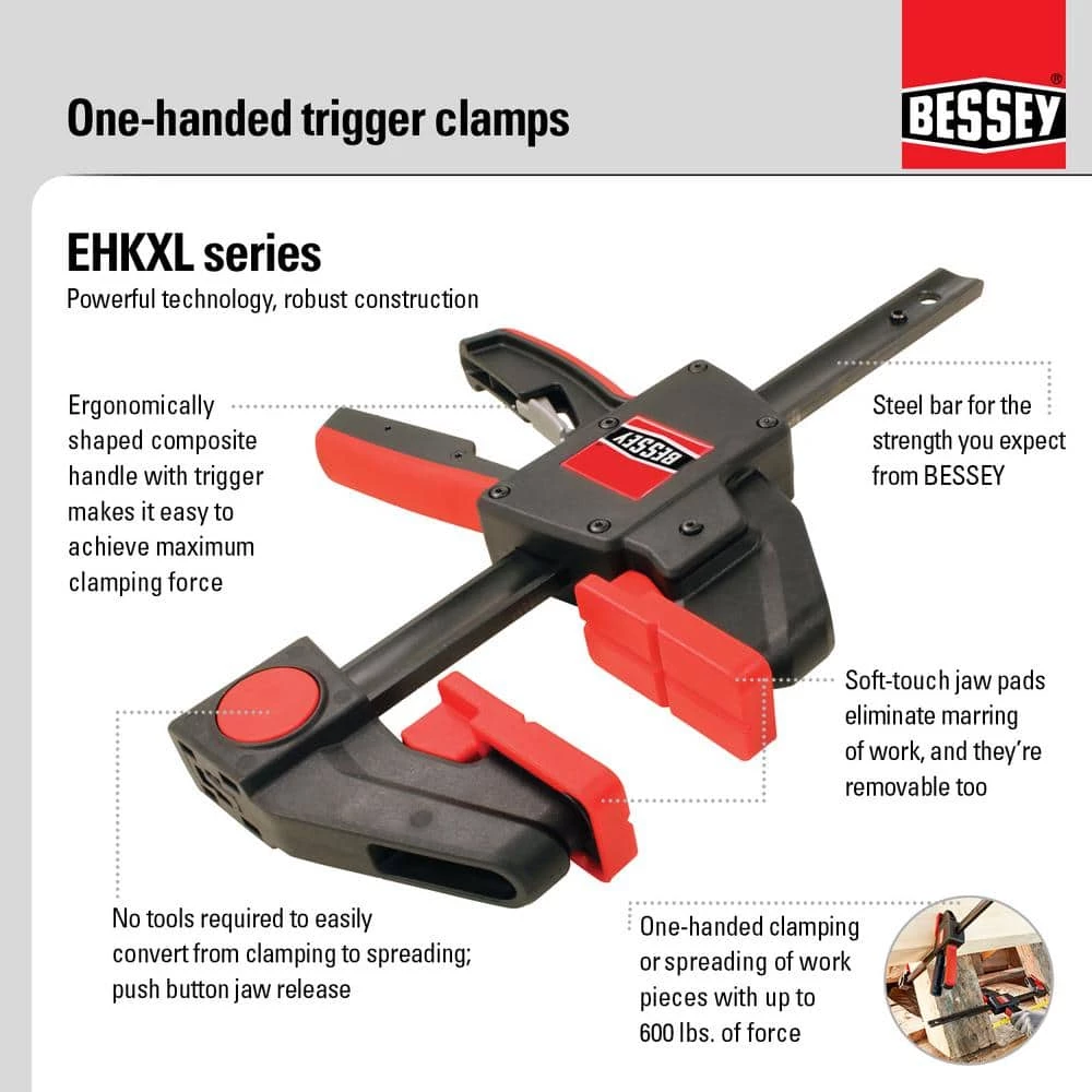 EHK Series 36 in. 600 lbs. Capacity X-Large Trigger Clamp with 3-5/8 in. Throat Depth by BESSEY 2 EHK Series 36 in. 600 lbs. Capacity X-Large Trigger Clamp with 3-5/8 in. Throat Depth by BESSEY - Image 2