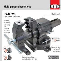 5 in. Multi-Purpose Rotating Pipe and Bench Vise with Swivel Base by BESSEY 11 5 in. Multi-Purpose Rotating Pipe and Bench Vise with Swivel Base by BESSEY -Bessey Sales bessey vises bv mpv5 c3 1000