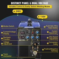 3 in 1 MIG TIG MMA Arc Welder 250 Amp Lift ARC Welding Machine 110/220-Volt with Stick IGBT DC Inverter Digital Display by VEVOR -Bessey Sales vevor multi process welders mighj250shy000001v1 44 1000